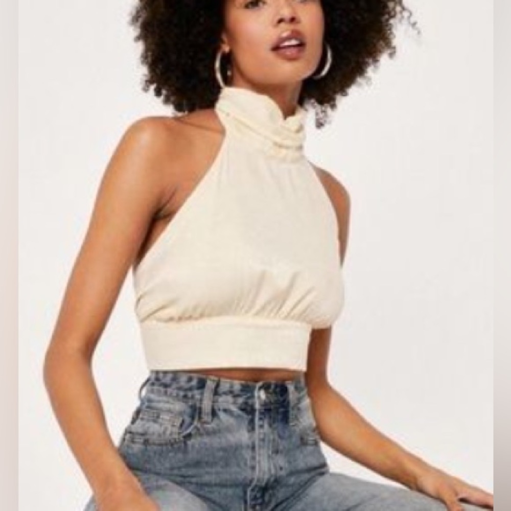 Nasty Gal You Never Halter Satin Crop Top Almond